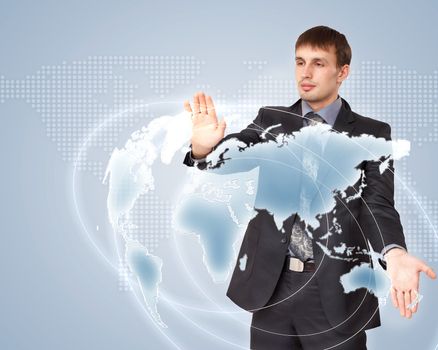 Modern Business World, A businessman navigating virtual world map