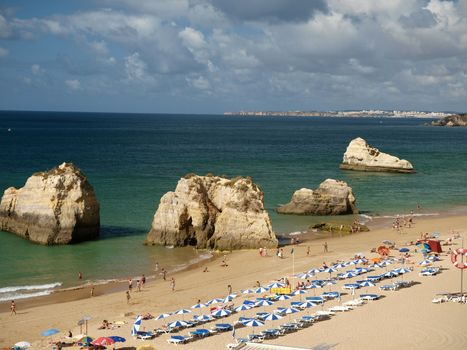 A section of the idyllic Praia de Rocha beach on the Algarve region. 