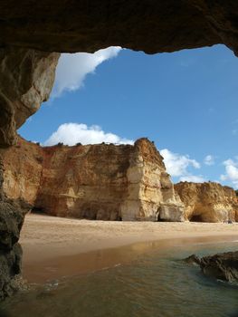 A section of the idyllic Praia de Rocha beach on the Algarve region. 