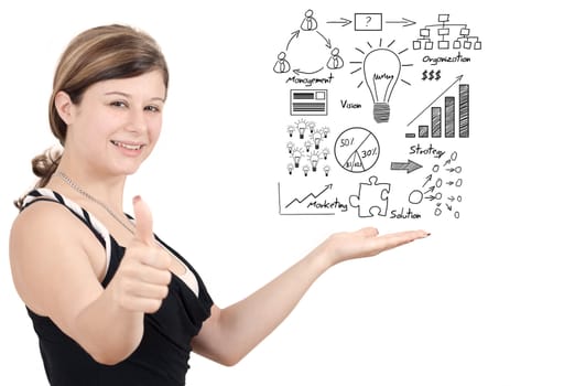 business woman present business idea concept on whiteboard and thumbs up
