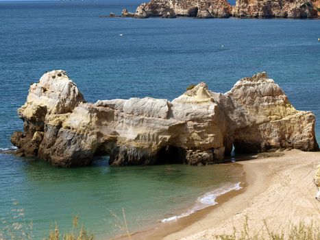 A section of the idyllic Praia de Rocha beach on the Algarve region. 