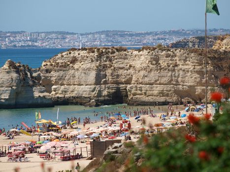 A section of the idyllic Praia de Rocha beach on the Algarve region. 