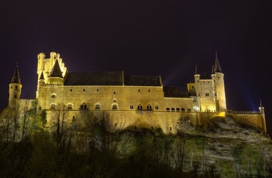 Segovia Alcazar Castle at night. Ancient Royal palace in Segovia Spain.