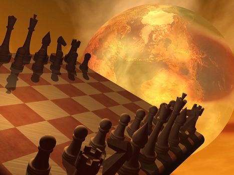 Chess and an earth trying to convey global business strategy in brown background