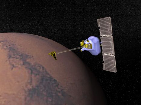 Mars odyssesy spacecraft next to Mars planet to study it in the space