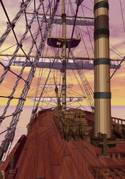 View of an old merchant ship deck with furled sails by sunset