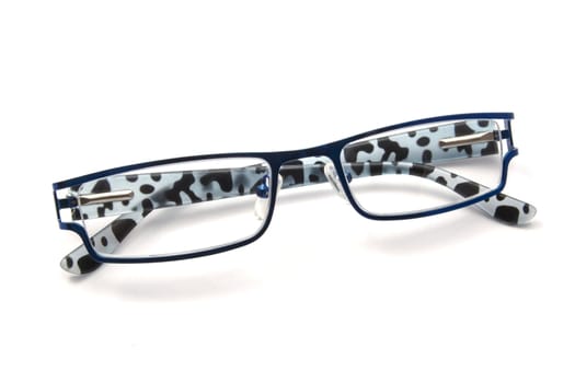blue glasses closeup on white background 