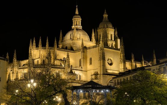 Segovia Cathedral at night.