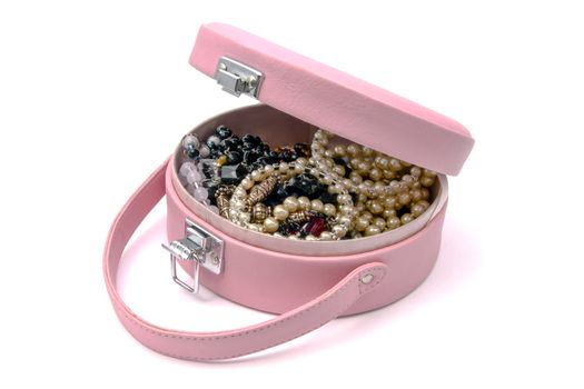 Beautiful jewelry box closeup on white background