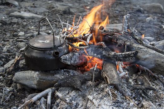 Camp fire in wild mountain