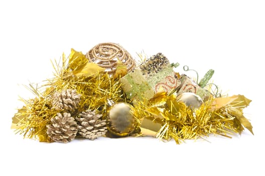 Christmas and New year decoration. Golden color composition on white isolated background