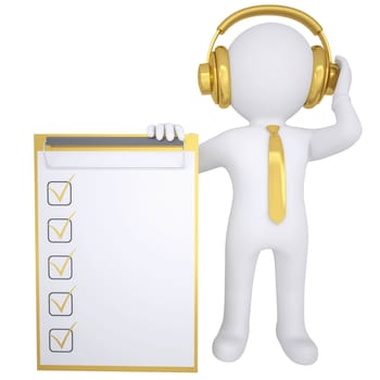 3d white man in gold headphones keeps checklist. Isolated render on a white background