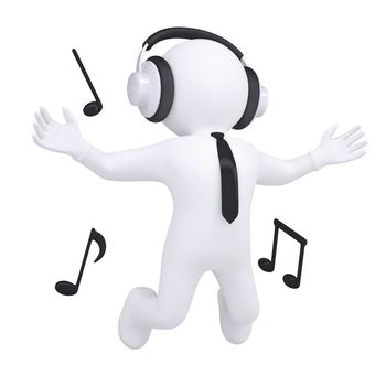 3d white man with headphones in the jump. Isolated render on a white background