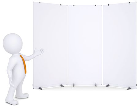 3d white man shows up on white poster. Isolated render on a white background