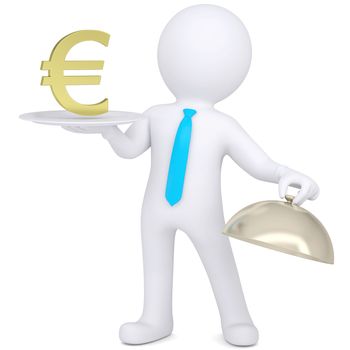 3d man holding a white plate with a gold dollar sign. Isolated render on a white background