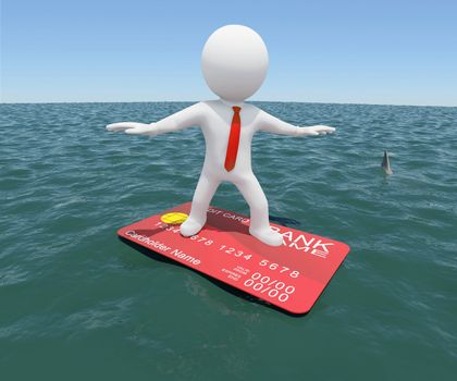 3d white man floating on a credit card in the sea. Against the background of the blue expanse of the sea and sky