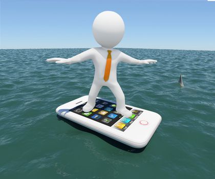 3d white man floating on a smartphone in the sea. Against the background of the blue expanse of the sea and sky