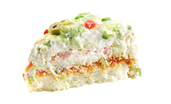 Delicious vegetable cake with tomato lettuce and tuna over white isolated background