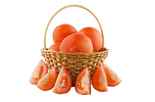 Tomatoes in a basket over white isolated background
