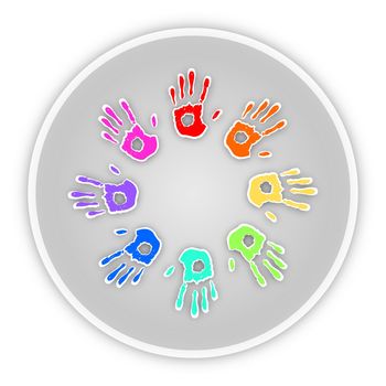 Illustration of eight colourful hand prints on a circular background