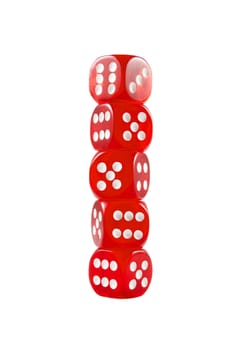 Pile of red dice over white isolated background