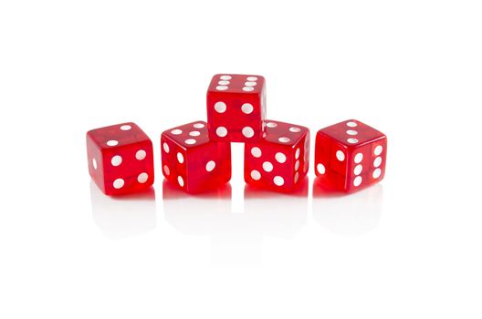 Red dice on white isolated background with beautiful reflection.