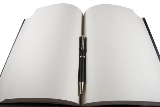 Blank open book with ball pen