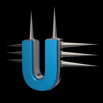 letter u with metal prickles on black background - 3d illustration