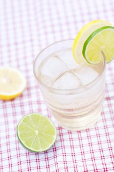 water with lemon and lime in a glass with ice