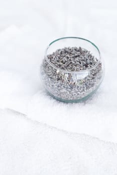 bowl with lavender on a white towel