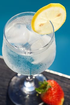 Swimming pool, lounge, a wine glass with ice, lemon and strawberry