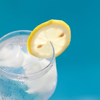  a wine glass with ice and  lemon 