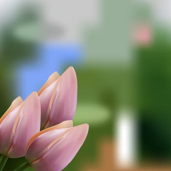 Soft pink bouquet of tulips on blurred bokeh background mesh