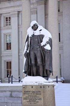 Albert Gallatin Statue After Snowstorm Winter US Treasury Department Washington DC