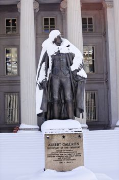 Albert Gallatin Statue After Snowstorm Winter US Treasury Department Washington DC