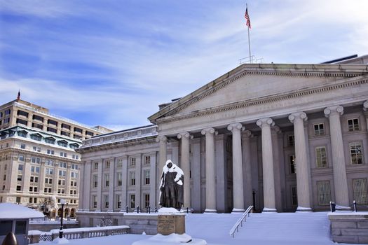 US Treasury Albert Gallatin Statue After Snowstorm Winter Washington DC