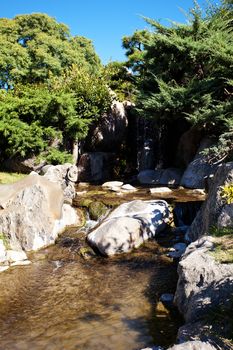 coniferous trees, rocks and a waterfall on a background of blue sky