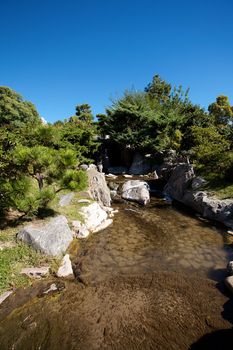 coniferous trees, rocks and a waterfall on a background of blue sky