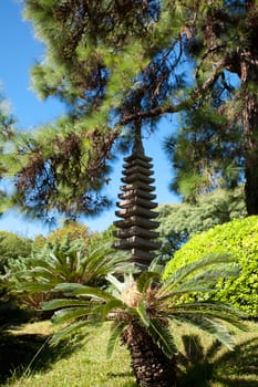 stone pagoda on the background of green trees