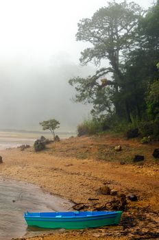 A blue boat on the shore of a foggy lake