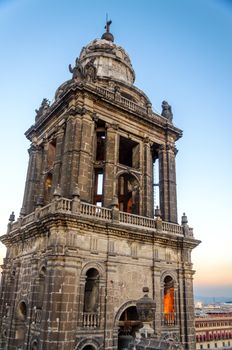 Bell tower of the cathedral in Mexico City taken in the evening