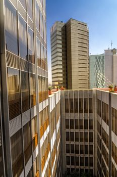 View of two tall skyscrapers in the Reforma neighborhood of Mexico City