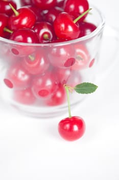 cherry with green leaf and a cup of cherries on a white background