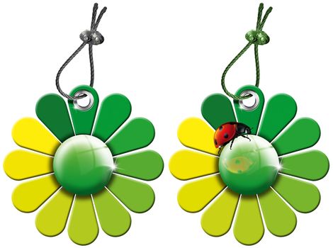 Green Flowers  - 2 daisies with green petals hanging from steel cable
