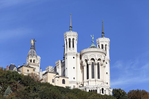 Lyon famous basilica in the big blue sky 
