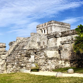 archaeological ruins of Tulum with blue sky