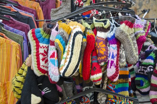 many knitted wool  socks in street market,India