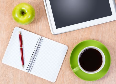 pen, coffee, notepad and tablet, workplace businessman