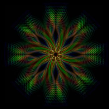 abstract shining green flower, rainbow rays lights in circles over dark background