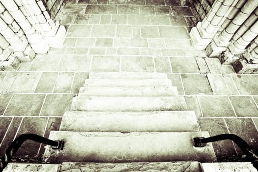 Monochrome image of a medieval stone staircase